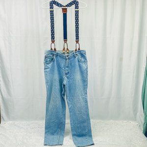 Men's Vintage Denim Jeans Suspenders Connected Party Boy Pants Patriotic Fan